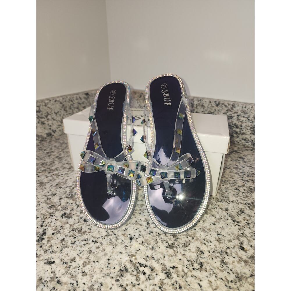 SBUP Jelly Rhinestone Studded Bows Clear Blue Sandals